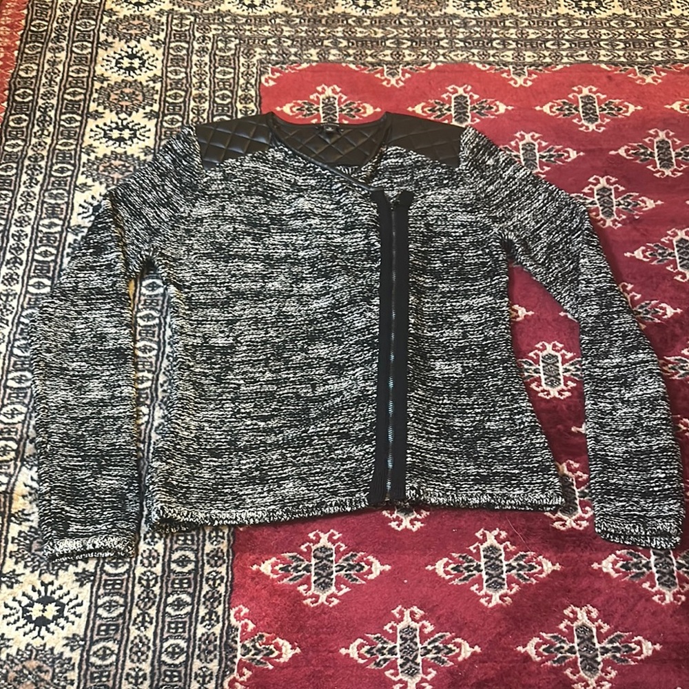 Chic Black and White Knit Sweater with Leather Accents